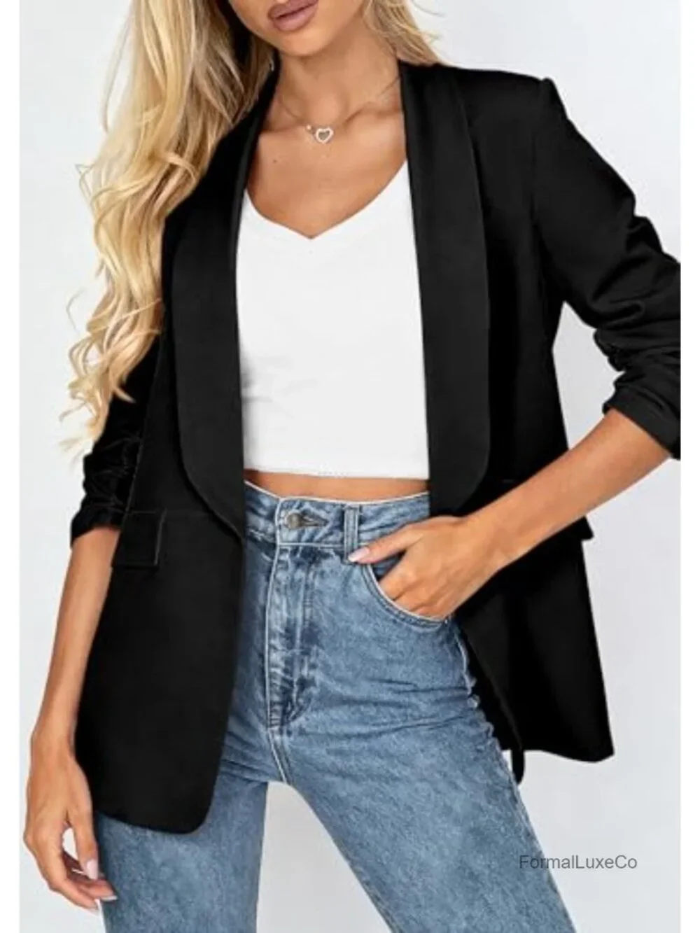 Women's Open Front 3/4 Sleeve Ruched Blazer Business Casual Lightweight Suit